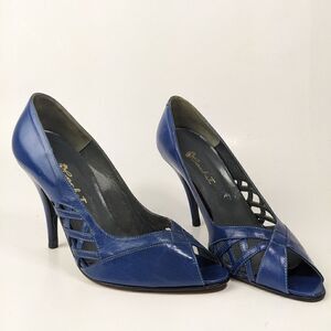 cobalt blue low heel italian leather shoe peep toe vintage size 5 retro fancy